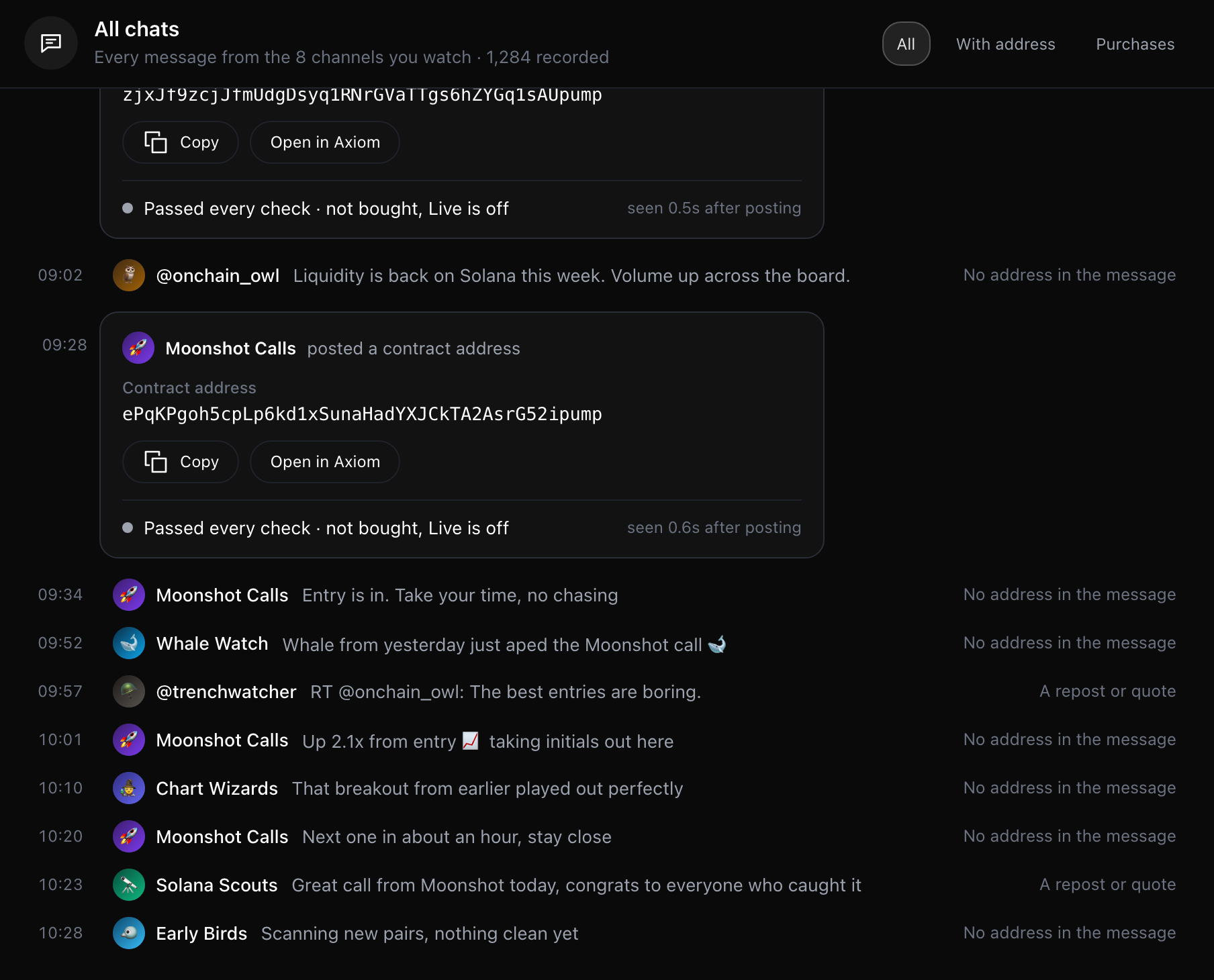 All chats, with example channels: messages from every watched channel in one timeline, each line with the channel, the message and its verdict, and address cards with Copy and Open in Axiom.